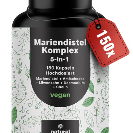 Piena dadža artišoku un pienenes komplekss augstā devā - 150 kapsulas - 5 vienā aknu ārstēšanas komplekss ar piena dadzi + artišoku + pieneni + desmodiju + holīnu - vegāniem, laboratoriski pārbaudīts