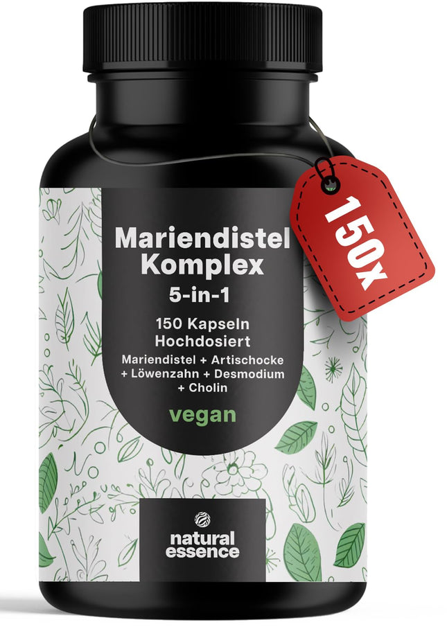 Piena dadža artišoku un pienenes komplekss augstā devā - 150 kapsulas - 5 vienā aknu ārstēšanas komplekss ar piena dadzi + artišoku + pieneni + desmodiju + holīnu - vegāniem, laboratoriski pārbaudīts