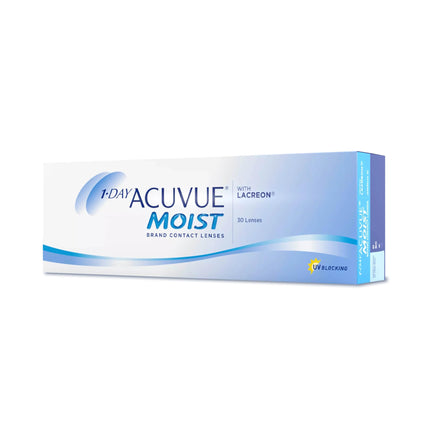 ACUVUE MOIST 1 dienas kontaktlēcas jutīgām acīm un cilvēkiem ar alerģijām – dienas kontaktlēcas ar -3,25 dpt un BC 8,5 – UV aizsardzība un ērta valkāšana – 30 lēcas