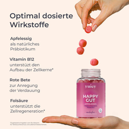 YUICY® ābolu sidra etiķa želejkonfektes - ar B12 vitamīnu un folskābi enerģijai, gremošanai un vielmaiņai - vegānas un bez cukura - garda ābolu garša - ābolu sidra etiķa želejkonfektes - 60 gab. - LAIMĪGA ZARNA