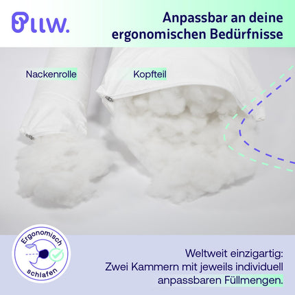PLLW. Ortopēdisks kakla spilvens 40x80 I Spilvens kakla sāpēm ar kustīgu kakla rullīti I Ergonomisks sānu gulētāja spilvens ar pārvalku I Individuāli pildāms kakla atbalsta spilvens I Oeko Tex 100