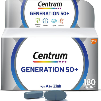 Multivitamīni - Centrum Generation 50+ Augstas kvalitātes uztura bagātinātājs ar mikroelementiem pieaugušajiem no 50 gadu vecuma, vitamīniem, minerālvielām un mikroelementiem, 1 x 180 tabletes
