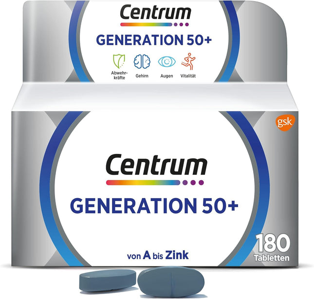 Multivitamīni - Centrum Generation 50+ Augstas kvalitātes uztura bagātinātājs ar mikroelementiem pieaugušajiem no 50 gadu vecuma, vitamīniem, minerālvielām un mikroelementiem, 1 x 180 tabletes