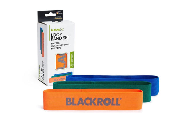 BLACKROLL® cilpu lentu komplekts (3 gab.), fitnesa lentu komplekts funkcionālajiem treniņiem, ādai draudzīgas treniņu lentes 3 stipruma pakāpēs: viegla (oranža), vidēja (zaļa) un spēcīga (zila), ražots Vācijā