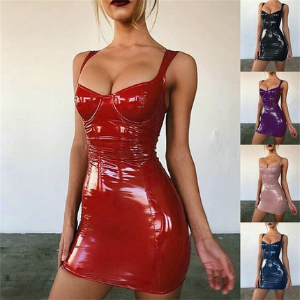Gellmall sieviešu kluba apģērba PU ādas kleitas lakotas ādas mitrās ādas siksnas Bodycon erotiska ballīšu kleita sievietēm bezpiedurkņu mini kleita 5XL