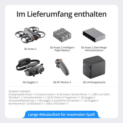 DJI Avata 2 Fly More Combo (3 akumulatori), FPV drons ar 4K kameru, maks. 69 minūtes. lidojuma laiks, akrobātika ar vienu pogas pieskārienu, kameras drons ar Goggles 3 un RC Motion 3, ar propelleru aizsargiem
