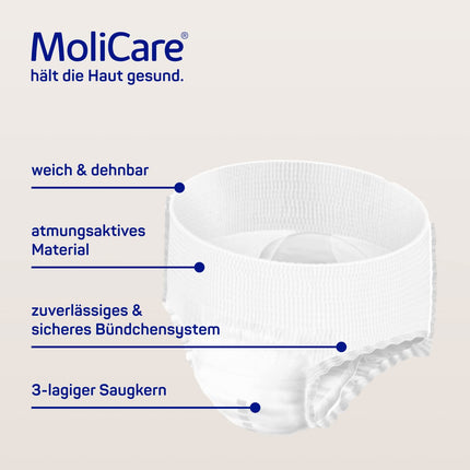 MoliCare Premium mobilās vienreizējās lietošanas biksītes: diskrēta lietošana urīna nesaturēšanas gadījumā sievietēm un vīriešiem; 10 pilieni, L izmērs (100–150 cm gurnu apkārtmērs), 4x14 gabali