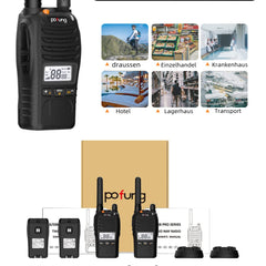 pofung PT88 PRO Professional bezlicencēts PMR446 pārnēsājams uzlādējams rācijas uztvērējs, 16 kanāli, LED ekrāns, mirgojošs trauksmes signāls, TOT, CTCSS/DCS, VOX un USB (kempings, piedzīvojumi) (2 iepakojums)