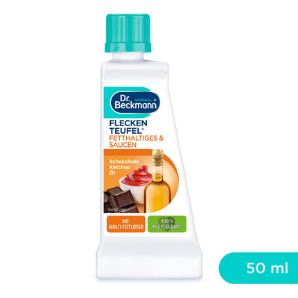 Dr. Beckmann traipu tīrītājs taukainiem ēdieniem un mērcēm | Sviests, īpašs traipu tīrīšanas līdzeklis tauku traipiem, šokolādes traipiem un daudz kam citam | 50 ml