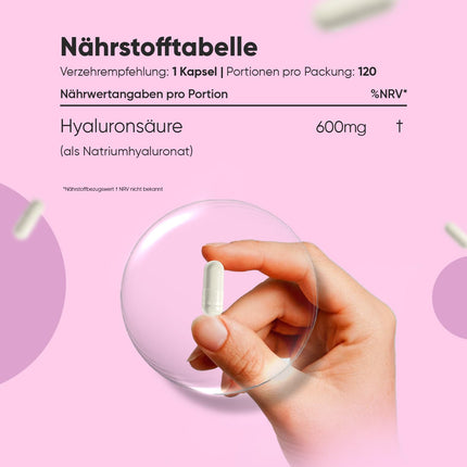 Hialuronskābes kapsulas - 600 mg vienā kapsulā - 120 vegāniskas hialuronskābes kapsulas - 4 mēnešu krājumi - molekulas izmērs (500-700 kDa) - hialuronskābe - seruma alternatīva - WeightWorld