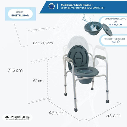 Mobiclinic®, Tualešu krēsls, Ar vāku, Noņemams spainis, Regulējams 5 augstumos, Modelis Arroyo, Neslīdoši kāju uzlikas, Roku balsti, Atbalsta līdz 100 kg, Krēsla tualete, Tērauds