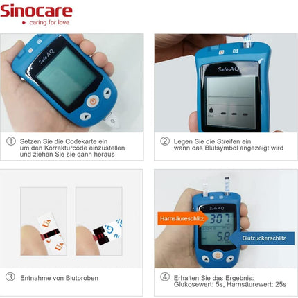 sinocare urīnskābes līmeņa asinīs mērītājs, Safe AQ UG asins glikozes mērītāja komplekts ar 50 asins glikozes testa strēmelītēm un 50 urīnskābes testa strēmelītēm (Safe UG komplekts ar testa strēmelītēm 50+50)