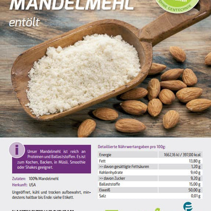 Vita2You mandeļu milti 750g - attaukoti - 50% olbaltumvielu - zems ogļhidrātu saturs - augsts olbaltumvielu saturs - smalks pulveris - cepšanai - augstākā kvalitāte