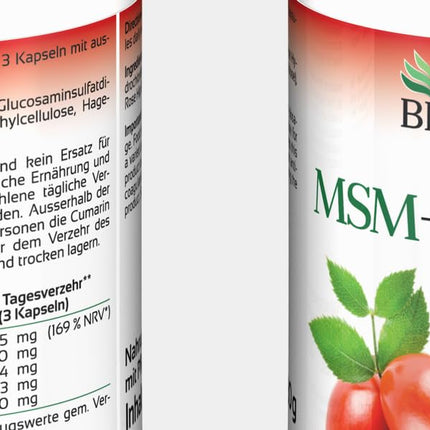 BIOMENTA MSM + Mežrozītes + Glikozamīns – 180 alergēnu nesaturošas kapsulas ar lielu devu – 1200 mg organiskā sēra pulvera + 794 mg glikozamīna sulfāta + 300 mg mežrozīšu ekstrakta dienā – vegāns – augstākās kvalitātes