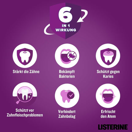 LISTERINE Total Care zobu aizsardzība (500 ml) - Stiftung Warentest testa uzvarētājs, 6 vienā efekts, 24 stundu svaiga elpa, aizsargā pret kariesu un smaganu problēmām, antibakteriāls mutes skalošanas līdzeklis