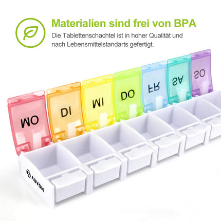 AUVON 7 dienu tablešu kastīte, 7 nodalījumu tablešu kastīte, BPA nesaturoša zāļu kastīte ar unikālu dizainu un lieliem nodalījumiem vitamīnu un zivju eļļas tabletēm, medikamentiem vai uztura bagātinātājiem.