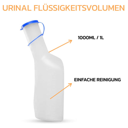 PP urīna pudele vīriešiem, 1 litrs / 1000 ml, izturīga plastmasas urīna pudele ar vāciņu, viegli nolasāmas mērīšanas līnijas, pārnēsājama ceļojumiem, automašīnas avārijas situācijām