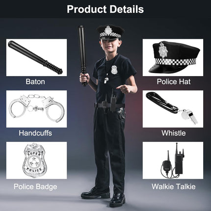 NIEEKRUN 6 gabali policijas kostīmu aksesuāri ar policijas cepuri, rācijām, roku dzelžiem, nozīmīti, svilpi, policijas kostīmu bērniem, policijas kostīmu komplekts Cosplay policijas kostīmiem bērniem