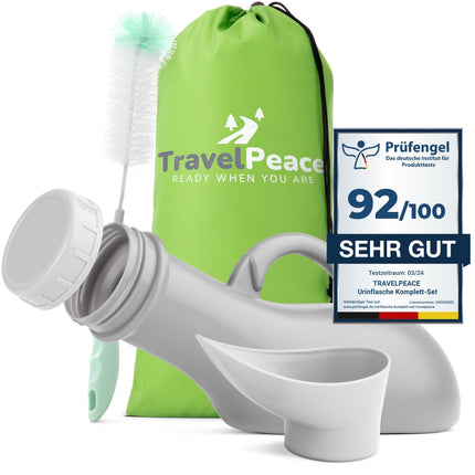 TRAVELPEACE® - pisuāra pudele - 3 vienā komplekts - ar komforta higiēnas birsti - ieskaitot Privātuma soma - pisuārs sievietēm un vīriešiem