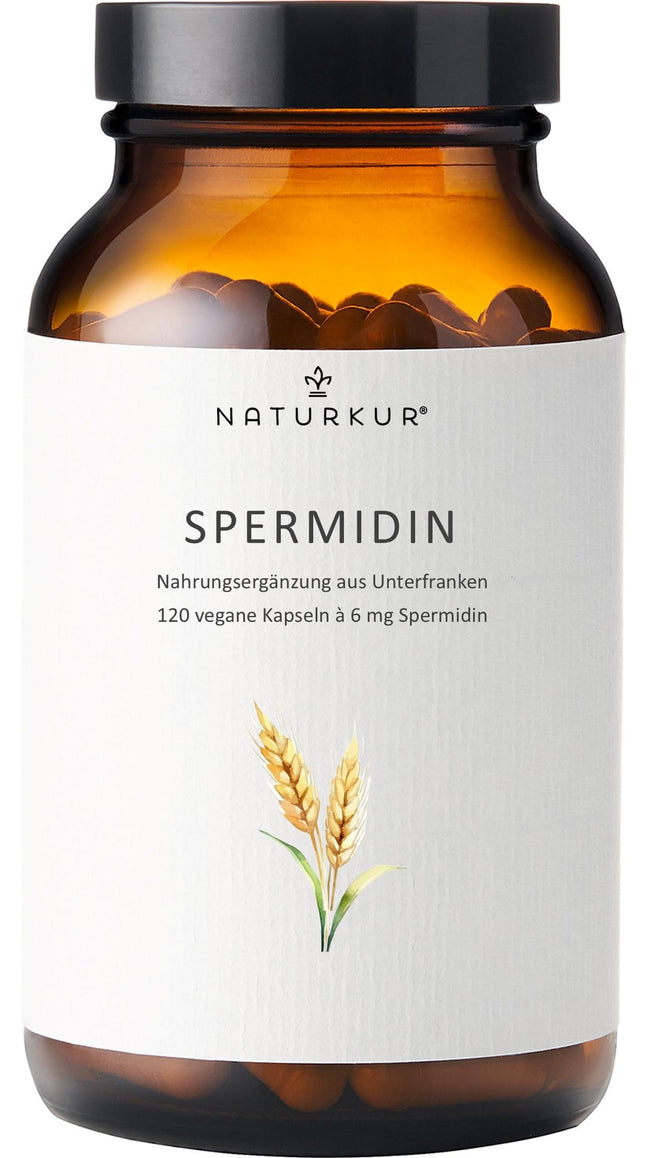Naturkur® Spermidine 6mg - 120 kapsulas farmaceita stikla burciņā - kviešu dīgļu ekstrakts, vegāns, bez piedevām, roku darbs Lejasfranconijā