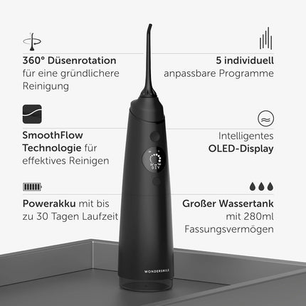 Wondersmile mutes dobuma irrigators PRO — 2024. gada testa uzvarētājs — TÜV pārbaudīts — 100 dienu bezriska izmēģinājums — SmoothFlow tehnoloģija optimālai zobu un smaganu kopšanai — 5 režīmi — 30 dienu akumulatora darbības laiks