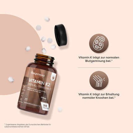 K2 vitamīna MK7-365 vegāniskās tabletes - 200µg devā - 100% trans-menahinons - 1 gada krājums - K vitamīna uztura bagātinātāji no WeightWorld