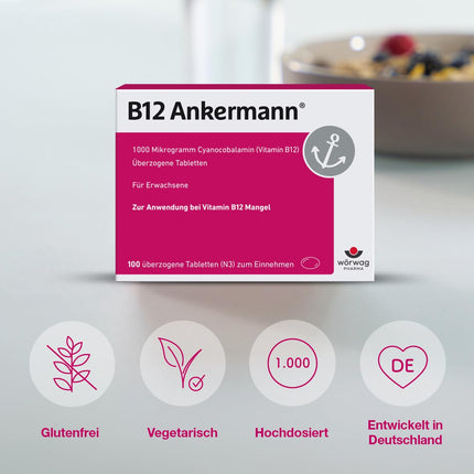 B12 Ankermann, 100 tabletes: 1000 mikrogramu B12 vitamīna tabletes, augsta deva, efektīva pret nogurumu un nespēku, ko izraisa B12 vitamīna deficīts, lielākai enerģijai un sniegumam, lietojamas vienu reizi dienā
