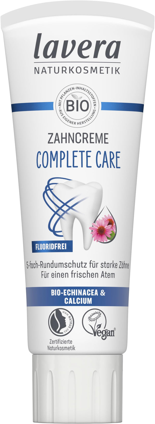 Lavera zobu pasta Complete Care bez fluorīda - 5 reizes lielāka aizsardzība - Organiskas augu sastāvdaļas - Organiska ehinācija un kalcijs - Vegāns - Dabīgā kosmētika - 75 ml
