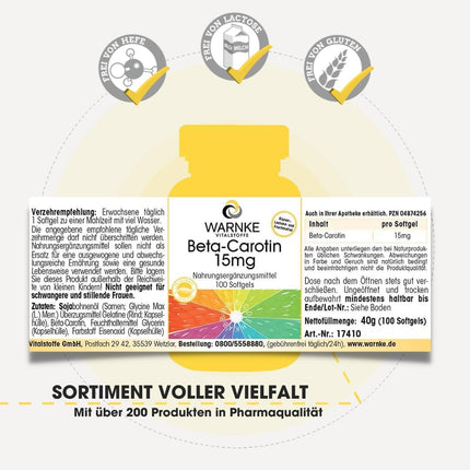 Beta karotīns 15 mg - 100 mīkstās kapsulas 100 dienām, karotinoīds, provitamīns A | Warnke Vitalstoffe - Vācijas aptieku kvalitāte