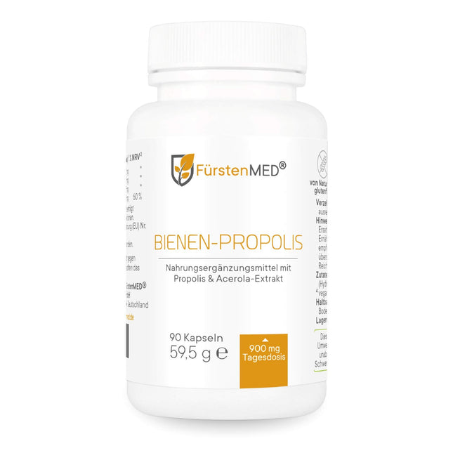 FürstenMED® 900 mg bišu propolisa kapsulas ar augstu devu - dabīgi flavonoīdi no bišu sveķiem ar C vitamīnu (no acerolas) - 90 veģetārās kapsulas - laboratoriski pārbaudītas