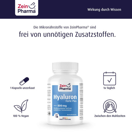 ZeinPharma hialuronskābes Forte Plus kapsulas 800 mg, 500–700 kDa – 30 vegānas kapsulas, kas iegūtas no dabiskas fermentācijas