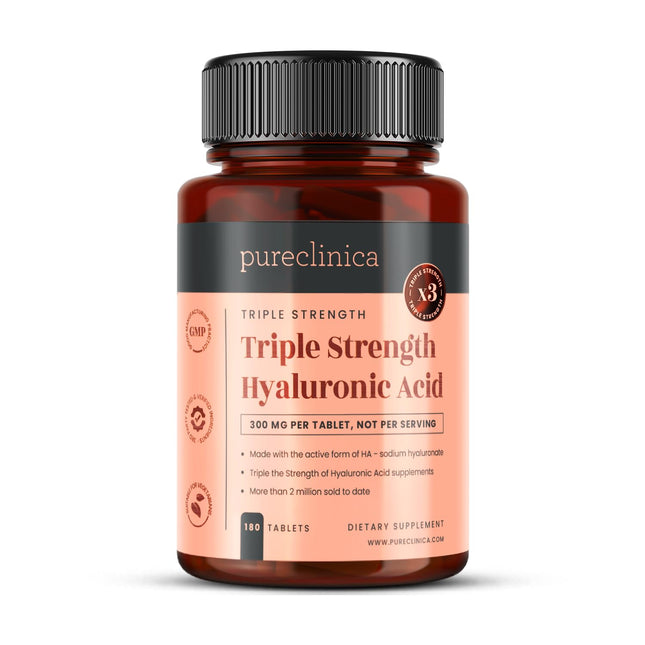 Hialuronskābe 300 mg x 180 tabletes (3 mēnešu piegāde). Trīskāršas iedarbības hialuronskābe. Par 300% spēcīgāka nekā jebkura cita HLA tablete