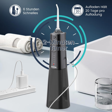 Mutes dobuma irrigators bezvada elektriskais zobu tīrītājs, Vimmk zobu irrigators ar ūdens irgotāju, 5 režīmi un 8 sprauslas, USB-C uzlādējams ūdens irgotājs, IPX7 ūdensizturīgs, 300 ml ūdens tvertnes mutes tīrītājs (melns)