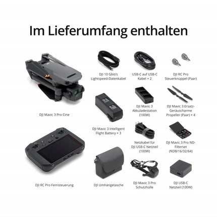 DJI Mavic 3 Pro Cine ar DJI RC Pro (izgaismots sākuma ekrāns), vadošais drons ar trīskāršu kameru, Apple ProRes atbalsts 3 kamerām un 1 TB krātuve, trīs viedās lidojuma baterijas un citas funkcijas.