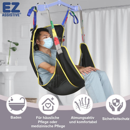 EZ Assistive pilna ķermeņa pacientu pacelšanas siksna ir aprīkota ar četru punktu sieta siksnu pacientu pārvietošanai un atbalsta svaru līdz 230 kg (500 mārciņām). (liels)