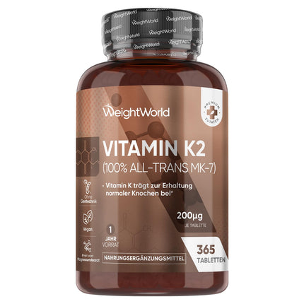 K2 vitamīna MK7-365 vegāniskās tabletes - 200µg devā - 100% trans-menahinons - 1 gada krājums - K vitamīna uztura bagātinātāji no WeightWorld