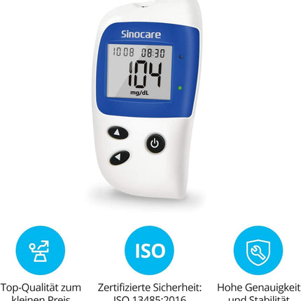 Sinocare asins glikozes mērītājs, glikozes monitors ar asins glikozes testa strēmelītēm 100, nesāpīga ātra asins glikozes trauksmes lampa, mg/dL