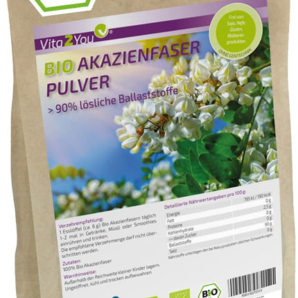 Vita2You organiskā akācijas šķiedrvielu 500g pulveris - šķiedrvielas - akācijas šķiedrvielas bez piedevām - vegāns - bezgaršīgs