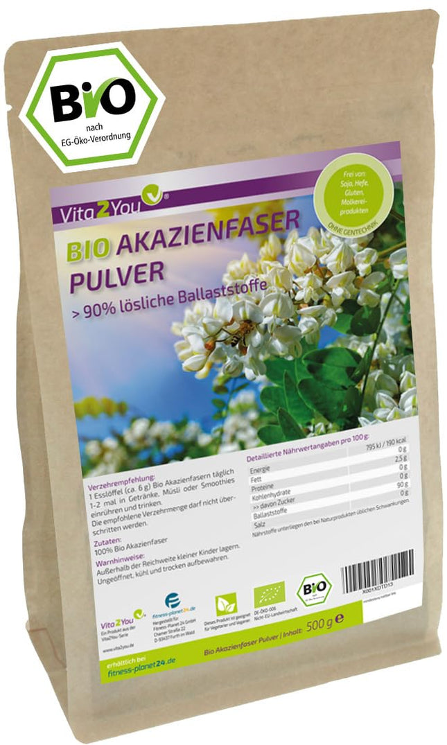 Vita2You organiskā akācijas šķiedrvielu 500g pulveris - šķiedrvielas - akācijas šķiedrvielas bez piedevām - vegāns - bezgaršīgs