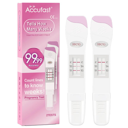 Accufast grūtniecības tests ar nedēļas noteikšanu agrīnai noteikšanai, var parādīt, cik grūtniecības nedēļas ir, hCG urīna tests ar 99,99% precizitāti un ātriem rezultātiem (2 testi)