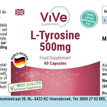 L-tirozīns 500 mg - 60 kapsulas - augsta deva - proteinogēna aminoskābe | Kvalitāte no Vācijas, ko nodrošina ViVe Supplements