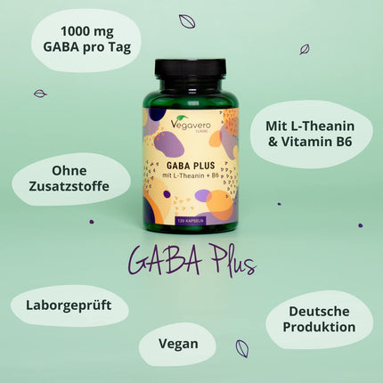 Gaba Vegavero® | Augsta deva | 1000 mg gamma aminosviestskābes vienā porcijā | Ar L-teanīnu un B6 vitamīnu | 120 vegānas kapsulas | Bez piedevām un laboratoriski pārbaudīts