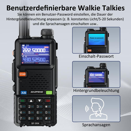 BAOFENG 5RM divu joslu radio UHF VHF, licencēts amatieru radio, jaudīgs rokas radio, liela darbības rādiusa 999 kanāli, FM radio, VOX, DTMF, rācija ar 2500mAh akumulatoru.