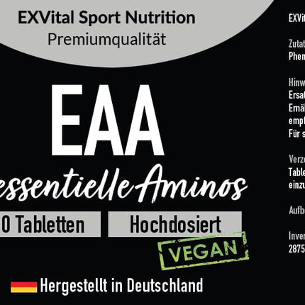 EXVital EAA tabletes ar 1036 mg vienā tabletē - 510 tabletes, visas 8 neaizvietojamās aminoskābes EAA - Multi Amino augsta deva - Vegāns - iepildīts Vācijā - bez piedevām