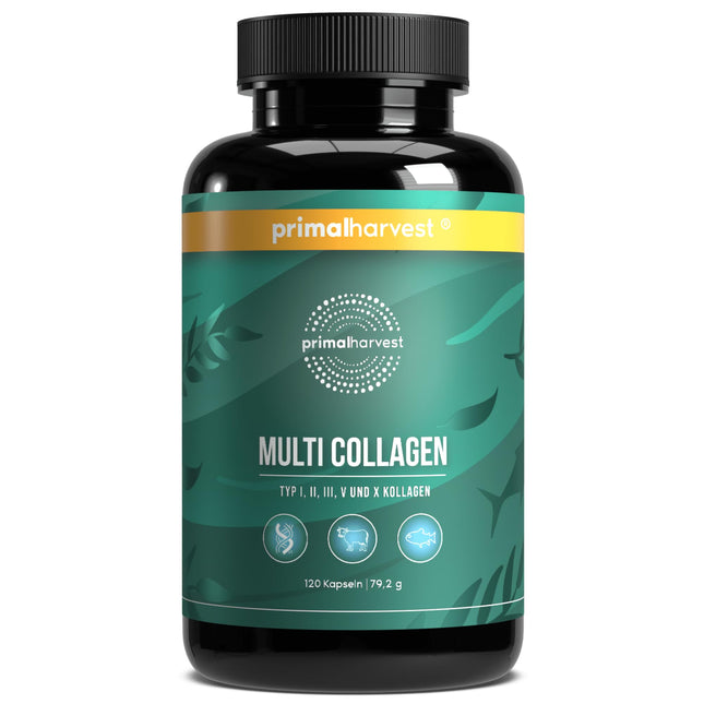 Primal Harvest ® Multi-Collagen - 120 kolagēna kapsulas ar augstu devu - augstākās kvalitātes kolagēna komplekss - GMP sertificēts un ražots Vācijā - bez glutēna un sojas