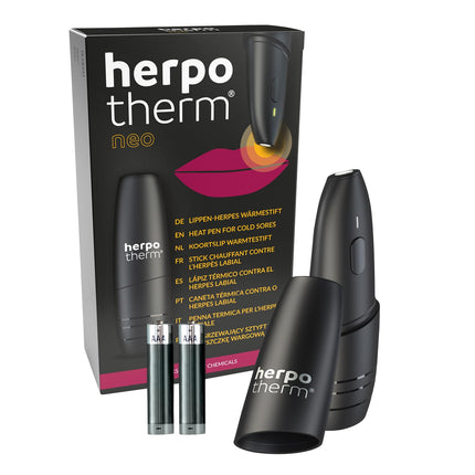 herpotherm neo pret aukstumpumpām, darbojas ar koncentrētu siltumu, oriģinālā herpes pildspalva, ātra atvieglojuma nodrošināšana ar vienu pogas pieskārienu, iespējamas līdz pat 200 lietošanas reizēm ar vienu bateriju komplektu