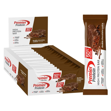 Premier Protein - augsta proteīna batoniņš 50% - dubultās šokolādes cepums - 16x40g - ar zemu cukura saturu - ar zemu ogļhidrātu saturu - bez palmu eļļas