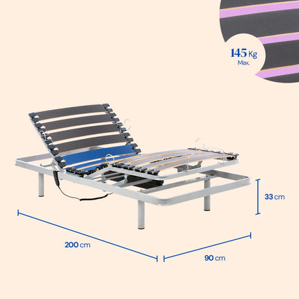 Geriafy - Elektriski regulējams redeļu rāmis Home Silver | 90x200 cm | Pastiprināts un kompakts | Vadu tālvadības pults