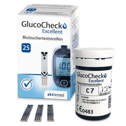 GlucoCheck Excellent asins glikozes testa strēmeles, 50 strēmeles glikozes līmeņa asinīs pārbaudei