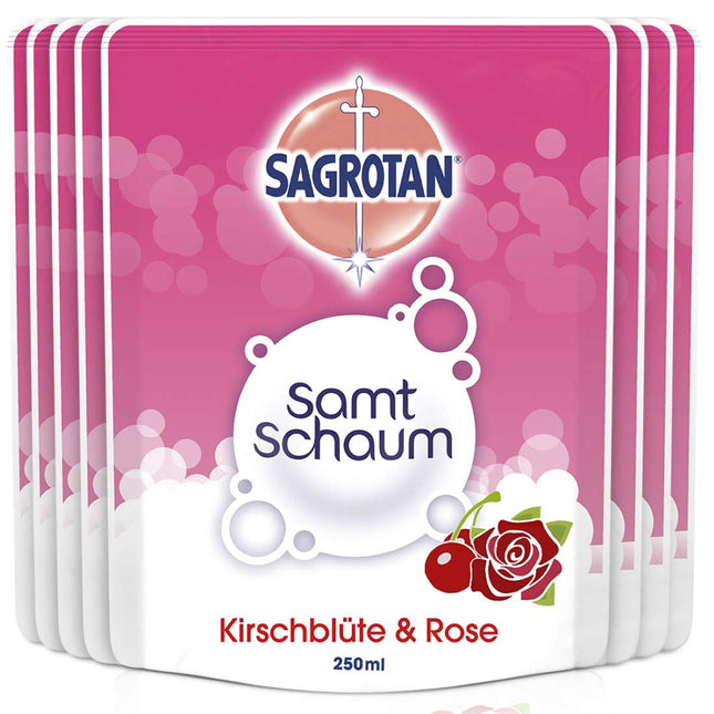 Sagrotan Velvet Foam Refill Cherry Blossom &amp; Rose – 8 x 250 ml putu ziepes praktiskā izdevīgā iepakojumā